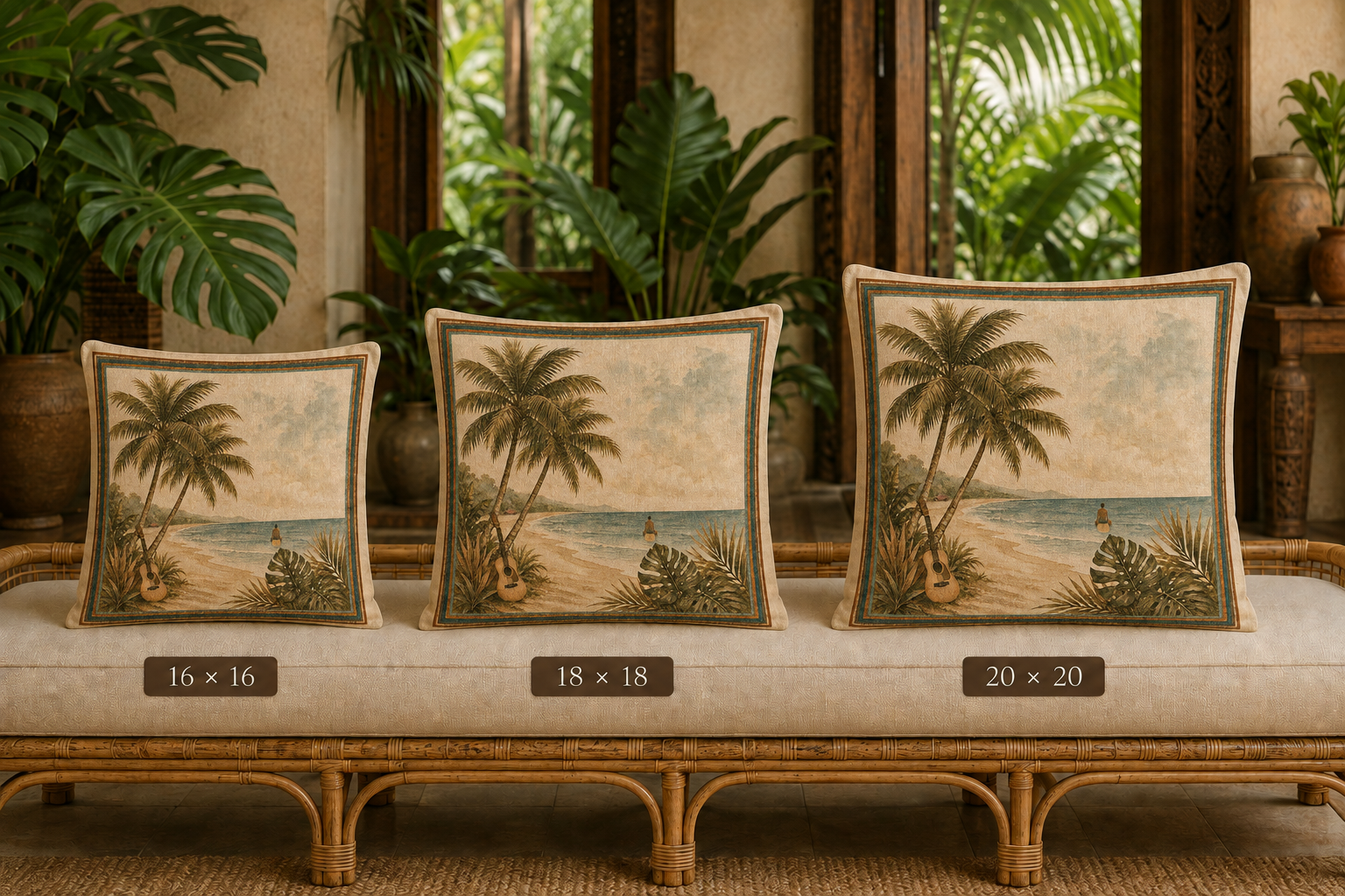 Retro Island Collection - Coastal Palm Beach Pillow - Faux Linen Throw Pillow