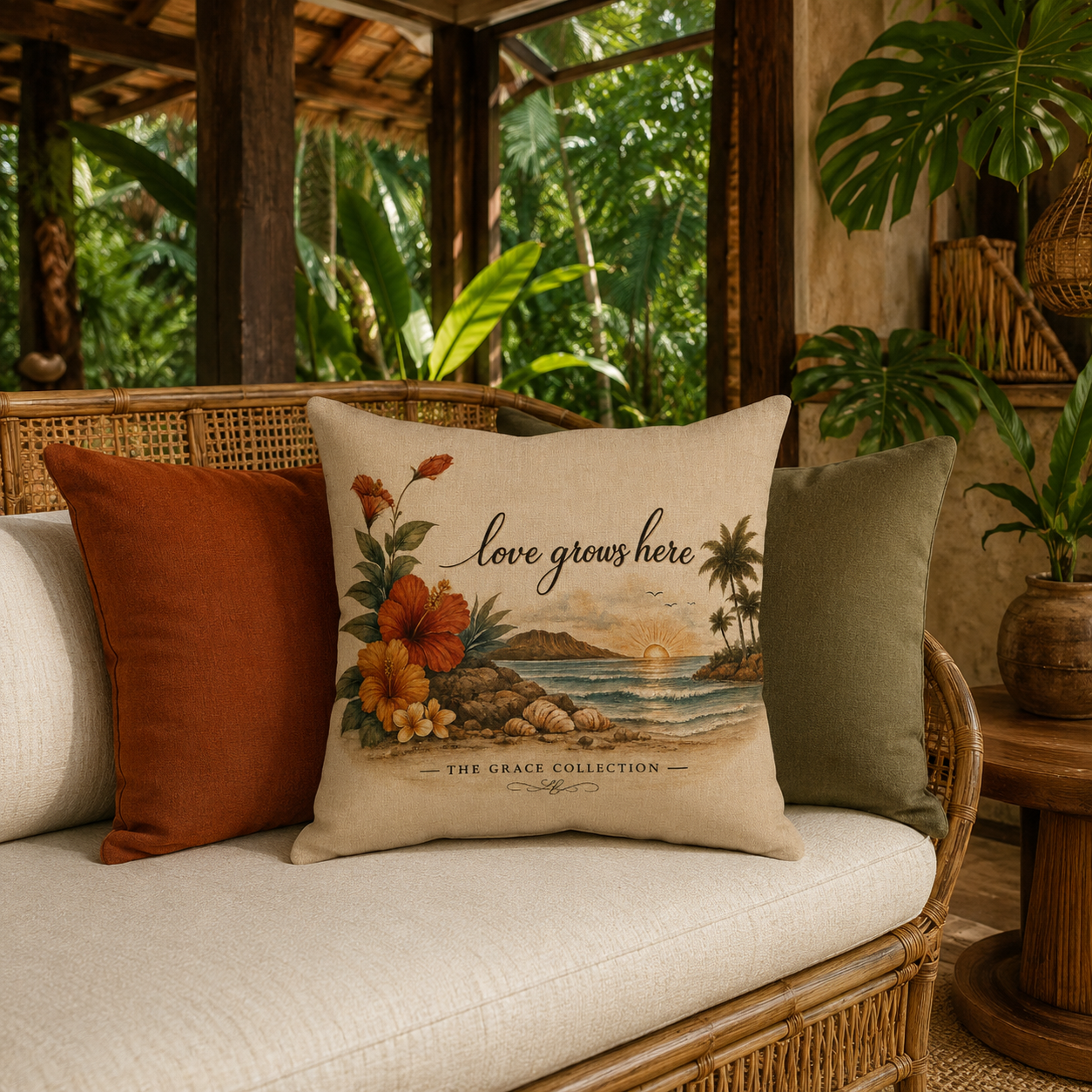 Retro Island Collection - Love Grows Here - Faux Linen Throw Pillow
