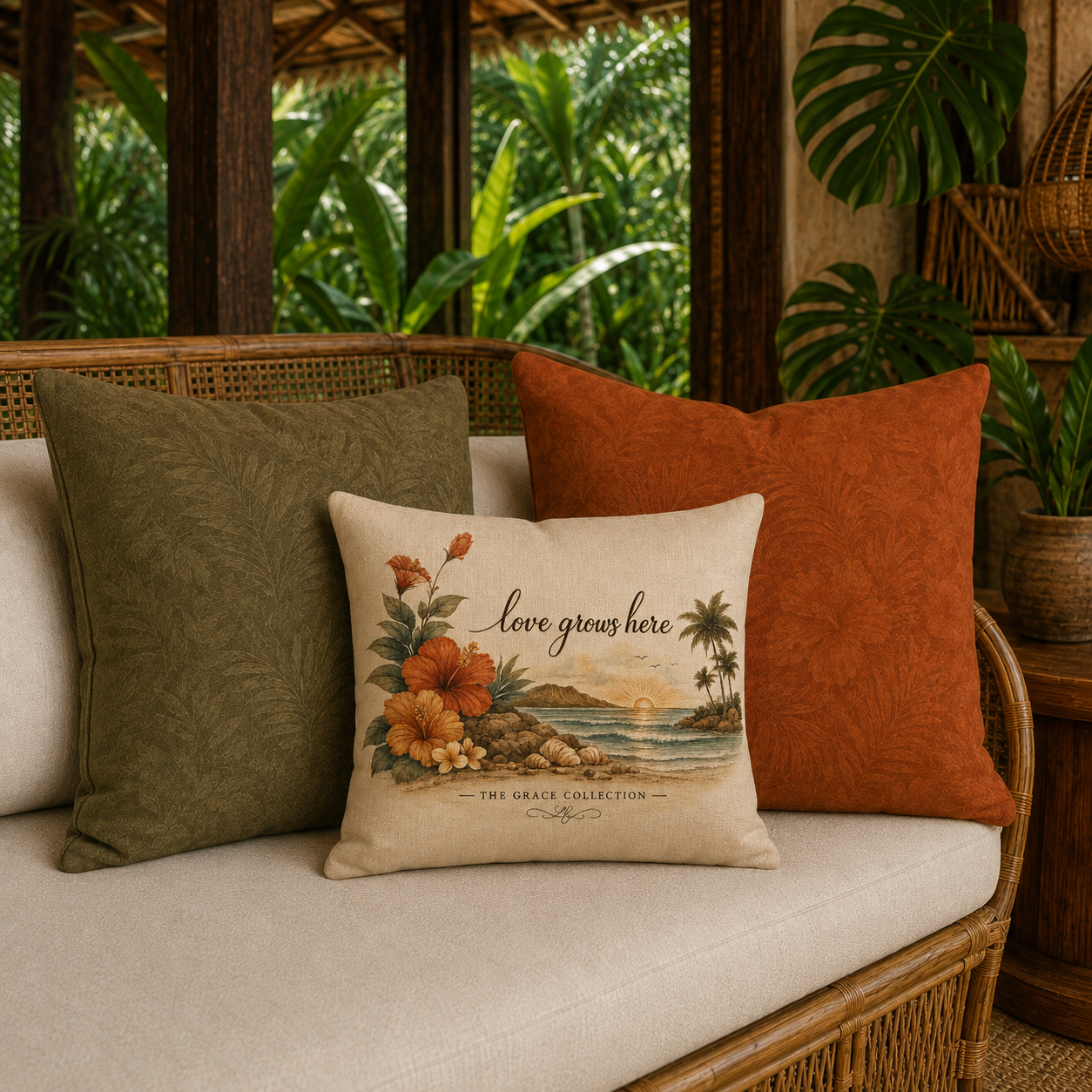 Retro Island Collection - Love Grows Here - Faux Linen Throw Pillow