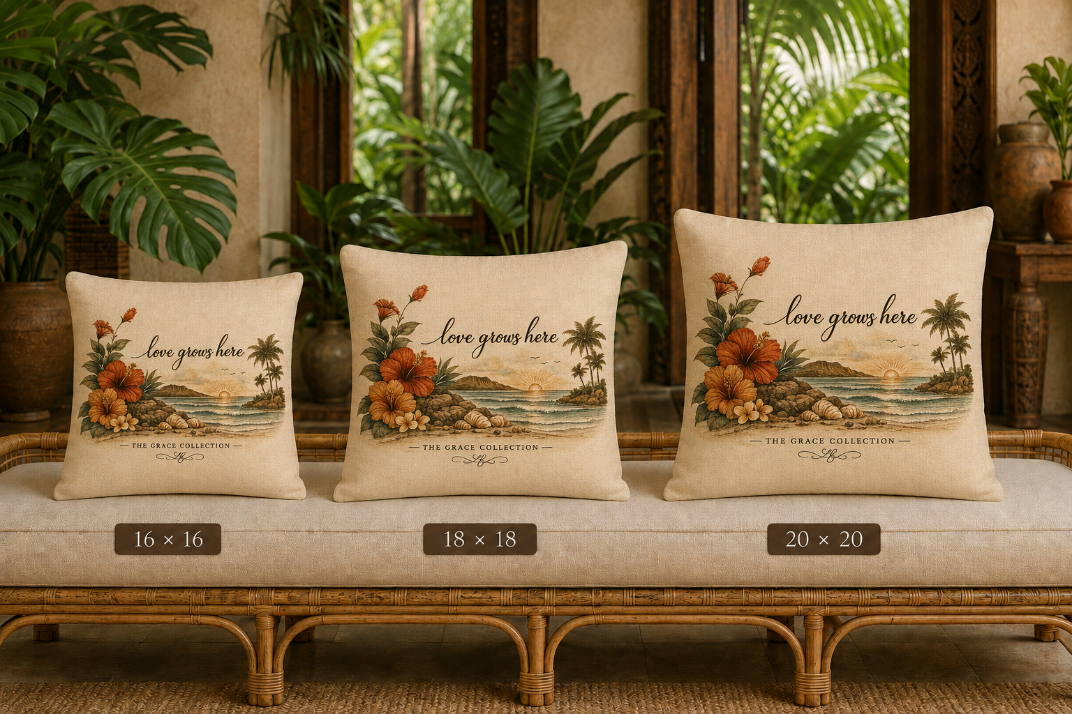 Retro Island Collection - Love Grows Here - Faux Linen Throw Pillow