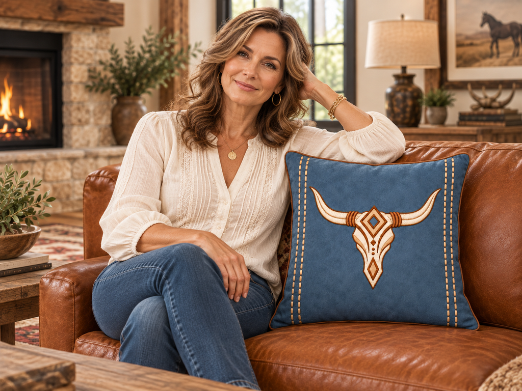 Longhorn Throw Pillow — Southwestern Faux Suede Accent