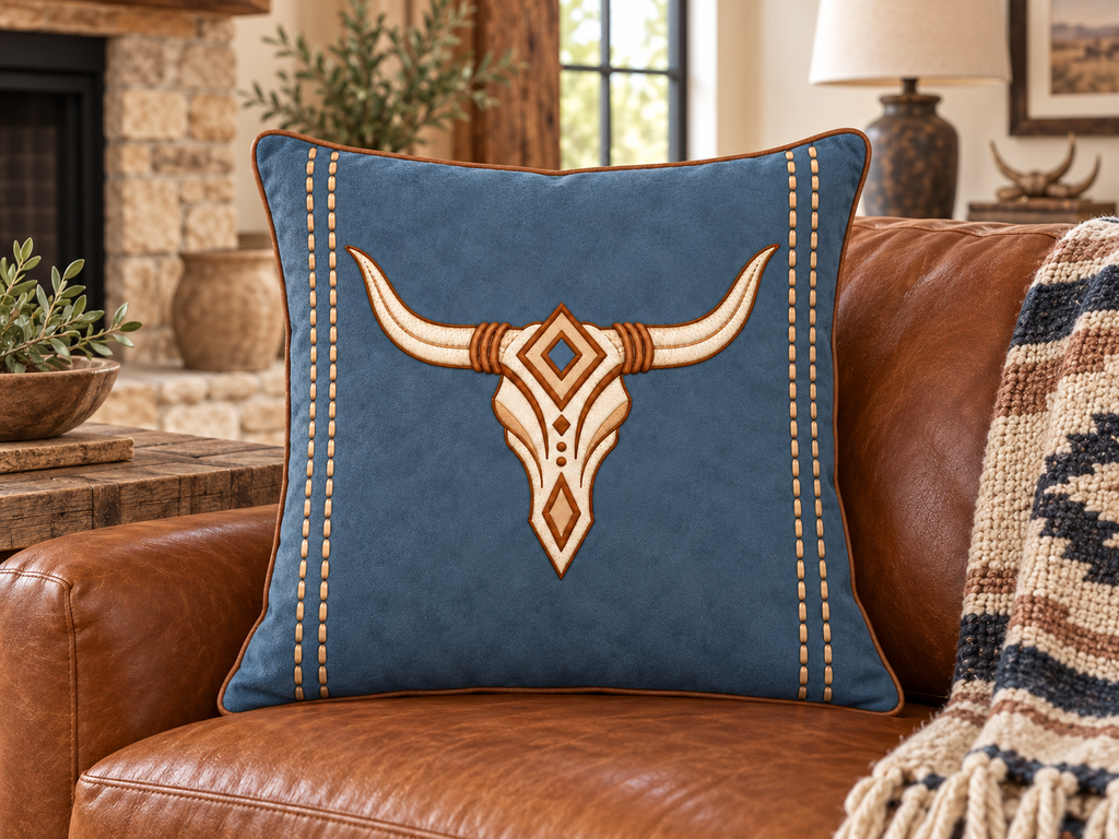 Longhorn Throw Pillow — Southwestern Faux Suede Accent