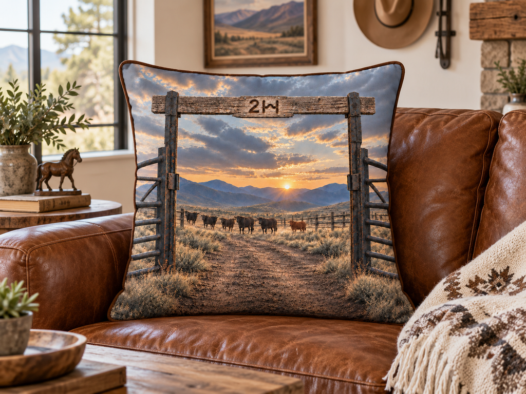 Western Sunrise Ranch Pillow — Faux Suede Square Decorative Throw Pillow
