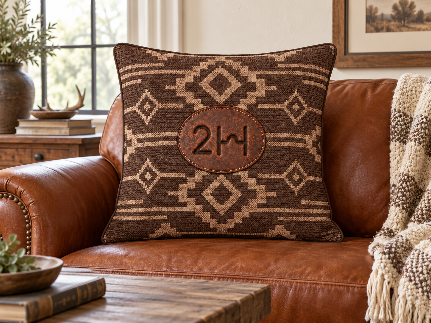 Southwestern Faux Suede Pillow with Monogram Patch — Rustic Geometric  Faux Suede Throw Pillow