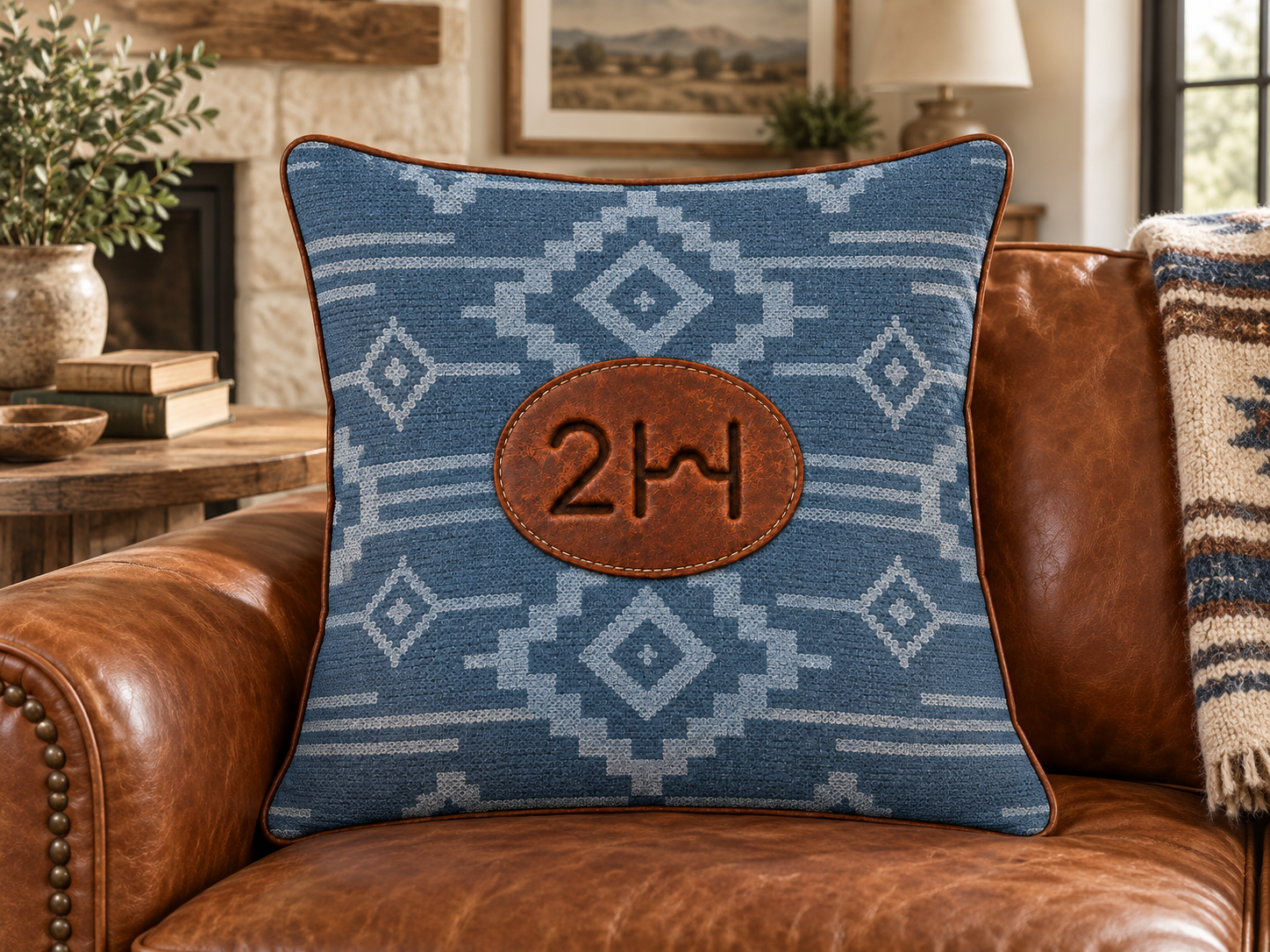 Southwestern Faux Suede Pillow with Leather Patch Monogram (2H)