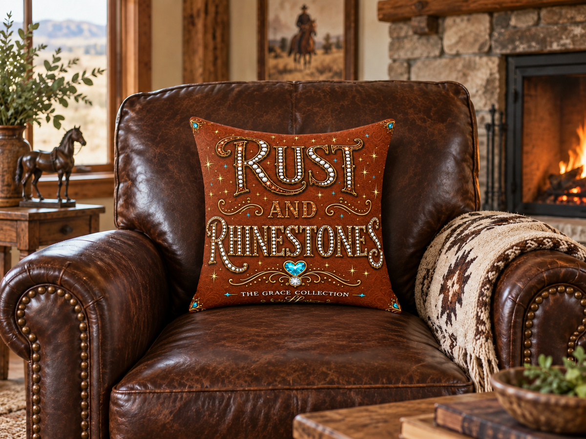 Rust and Rhinestones Faux Suede Pillow — Wild West Sparkle Decorative Throw Pillow
