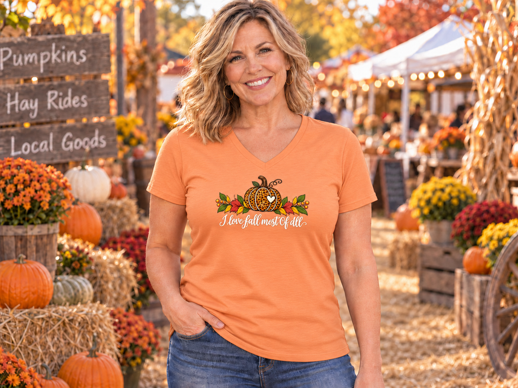 I Love Fall Most Of All - Womens V Neck Tee