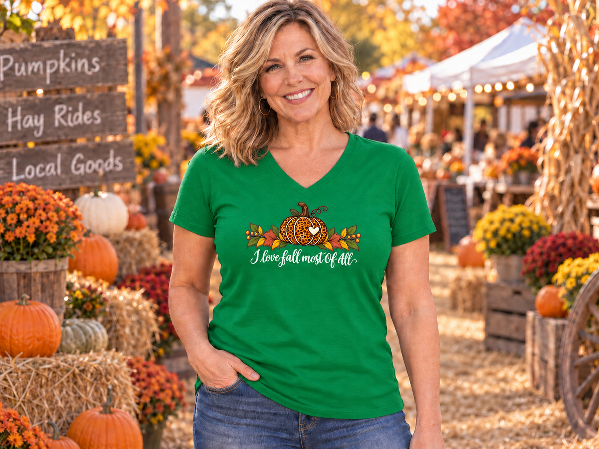 I Love Fall Most Of All - Womens V Neck Tee