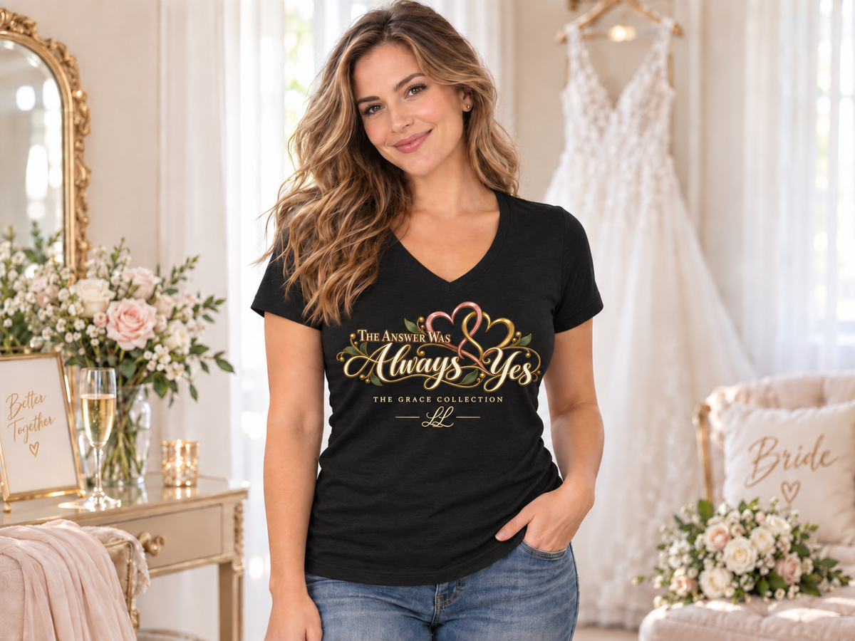 The Answer Was Always Yes Women's V-Neck Tee — Romantic Script Heart Graphic