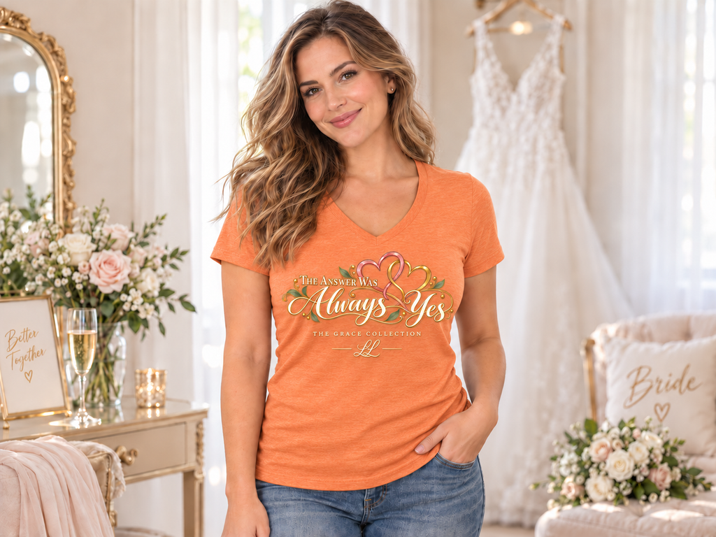 The Answer Was Always Yes Women's V-Neck Tee — Romantic Script Heart Graphic