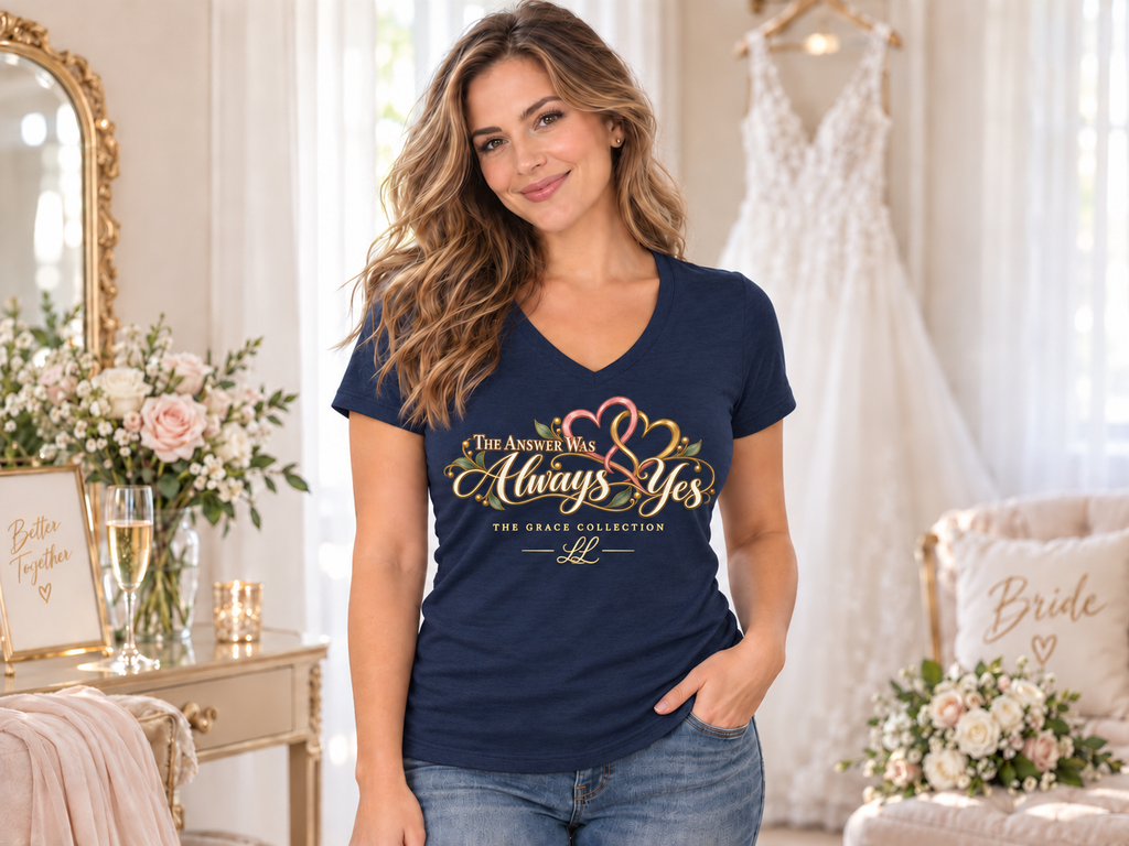 The Answer Was Always Yes Women's V-Neck Tee — Romantic Script Heart Graphic