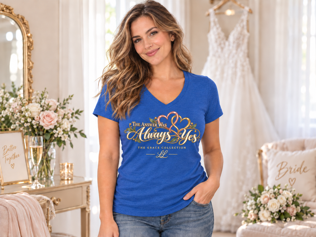 The Answer Was Always Yes Women's V-Neck Tee — Romantic Script Heart Graphic