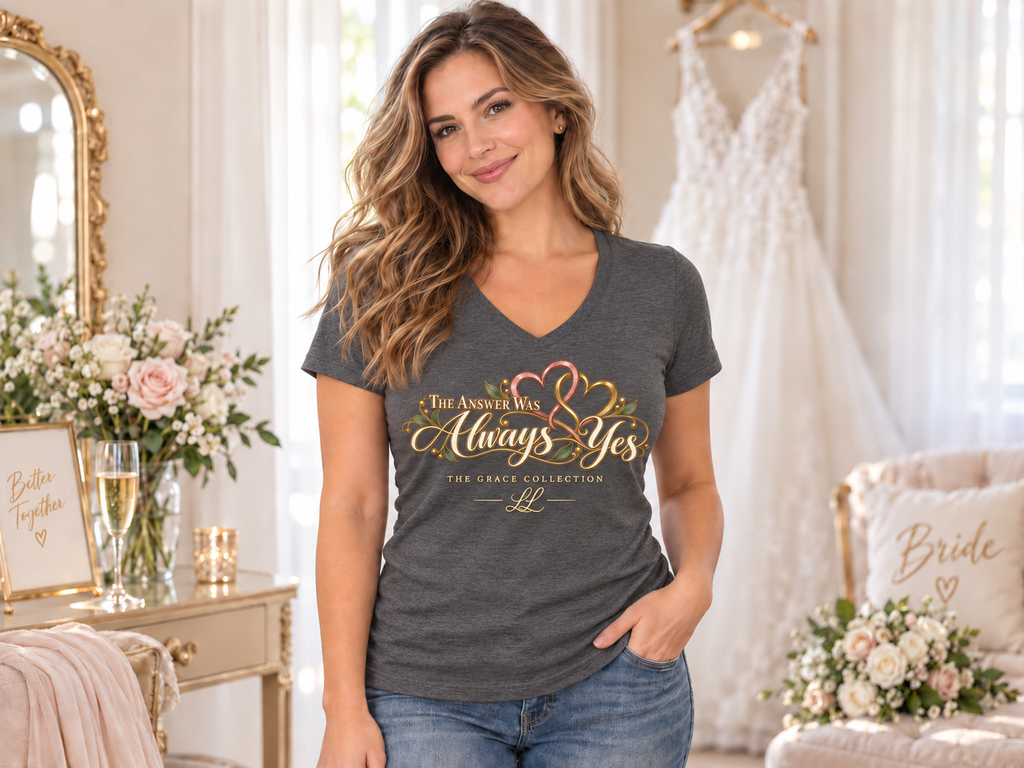 The Answer Was Always Yes Women's V-Neck Tee — Romantic Script Heart Graphic