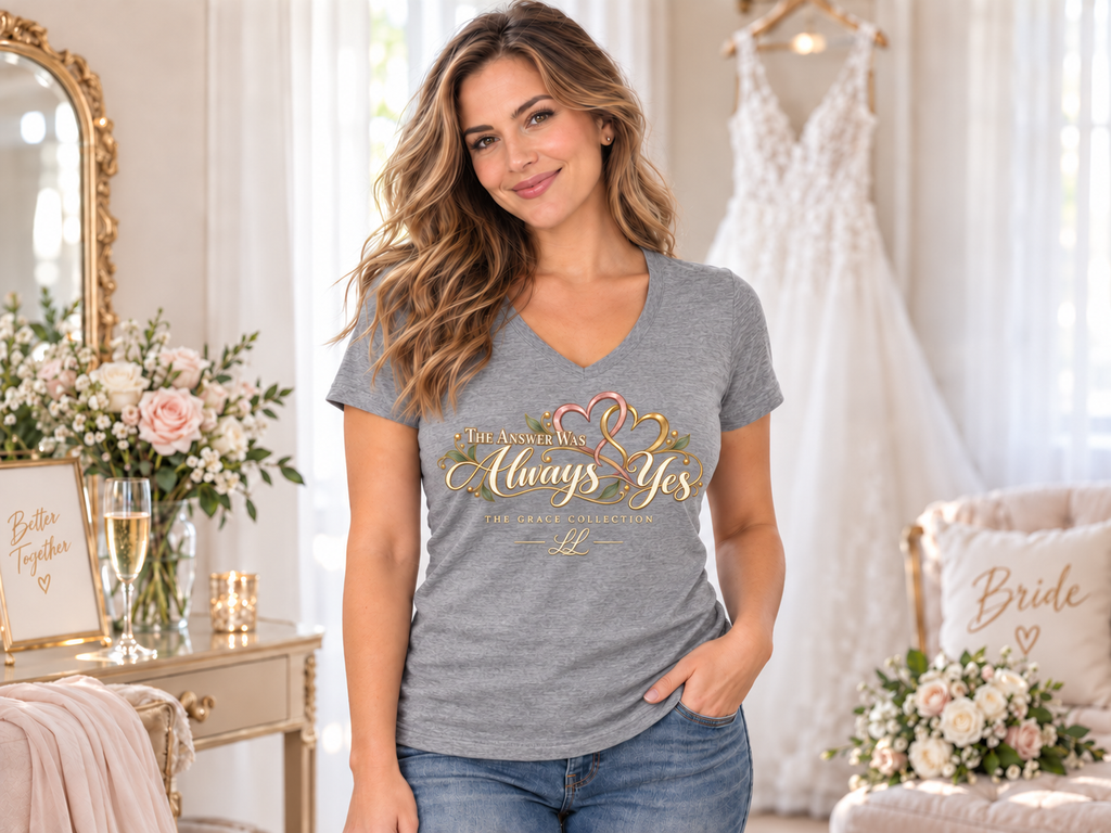 The Answer Was Always Yes Women's V-Neck Tee — Romantic Script Heart Graphic