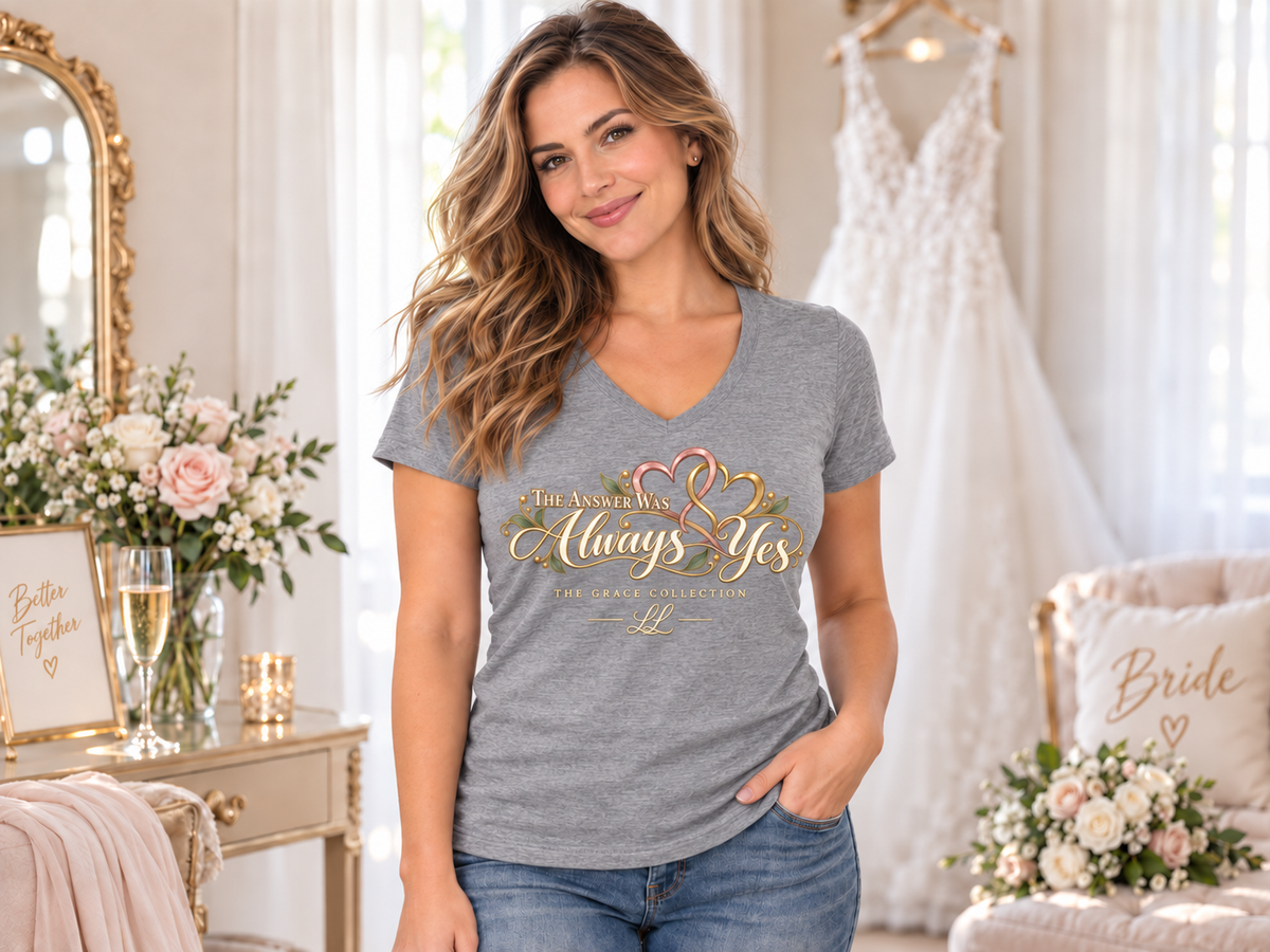 The Answer Was Always Yes Women's V-Neck Tee — Romantic Script Heart Graphic