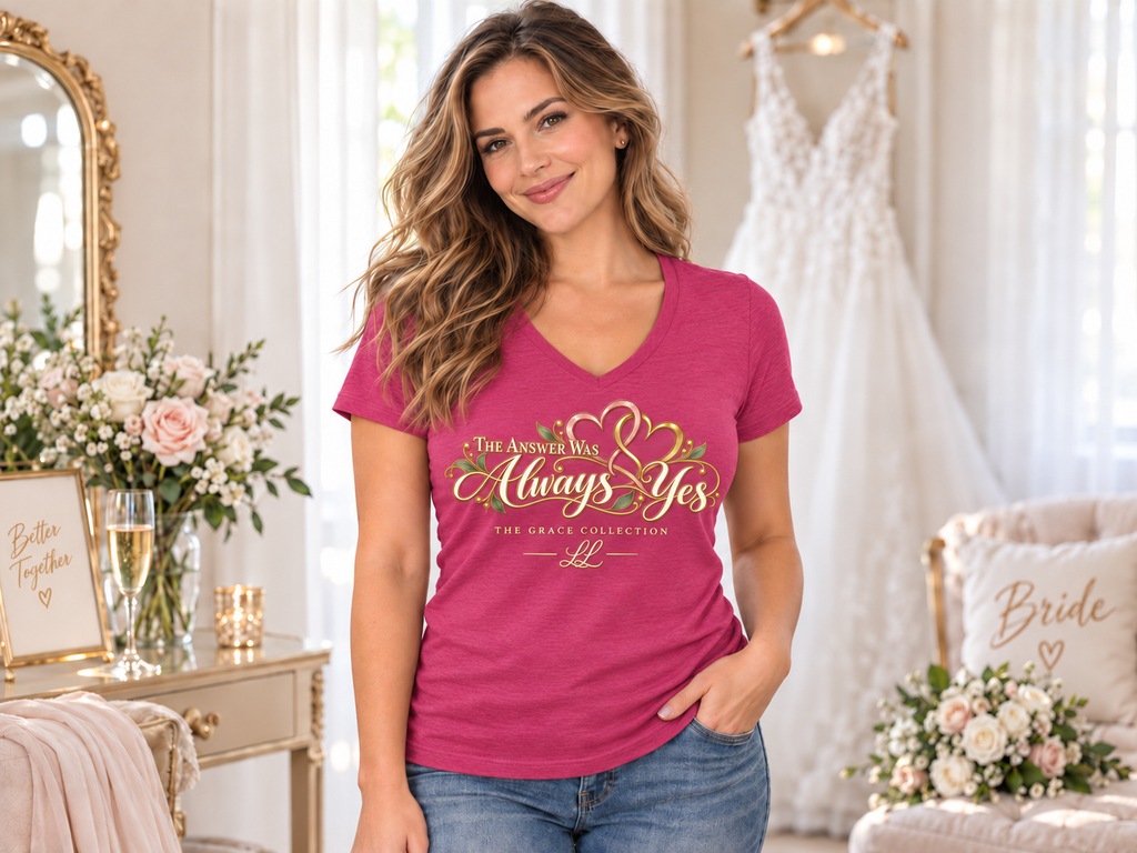 The Answer Was Always Yes Women's V-Neck Tee — Romantic Script Heart Graphic