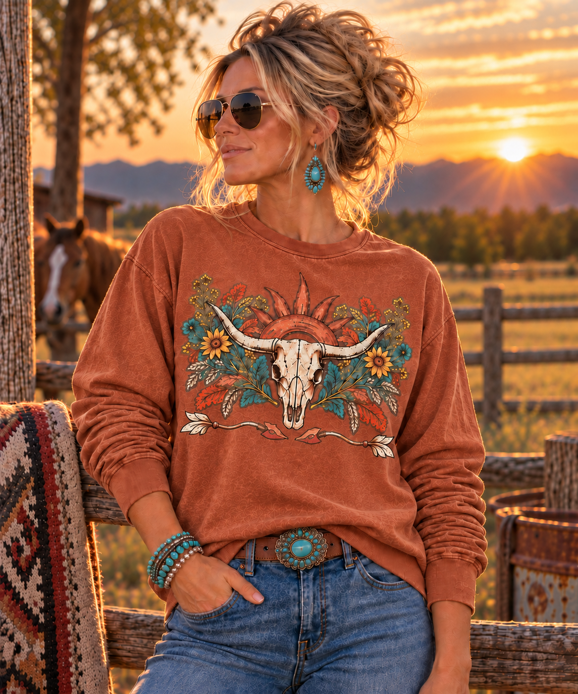 Western Longhorn Skull Long Sleeve Tee – Boho Cowgirl Floral Sun Shirt