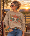 Western Longhorn Skull Long Sleeve Tee – Boho Cowgirl Floral Sun Shirt