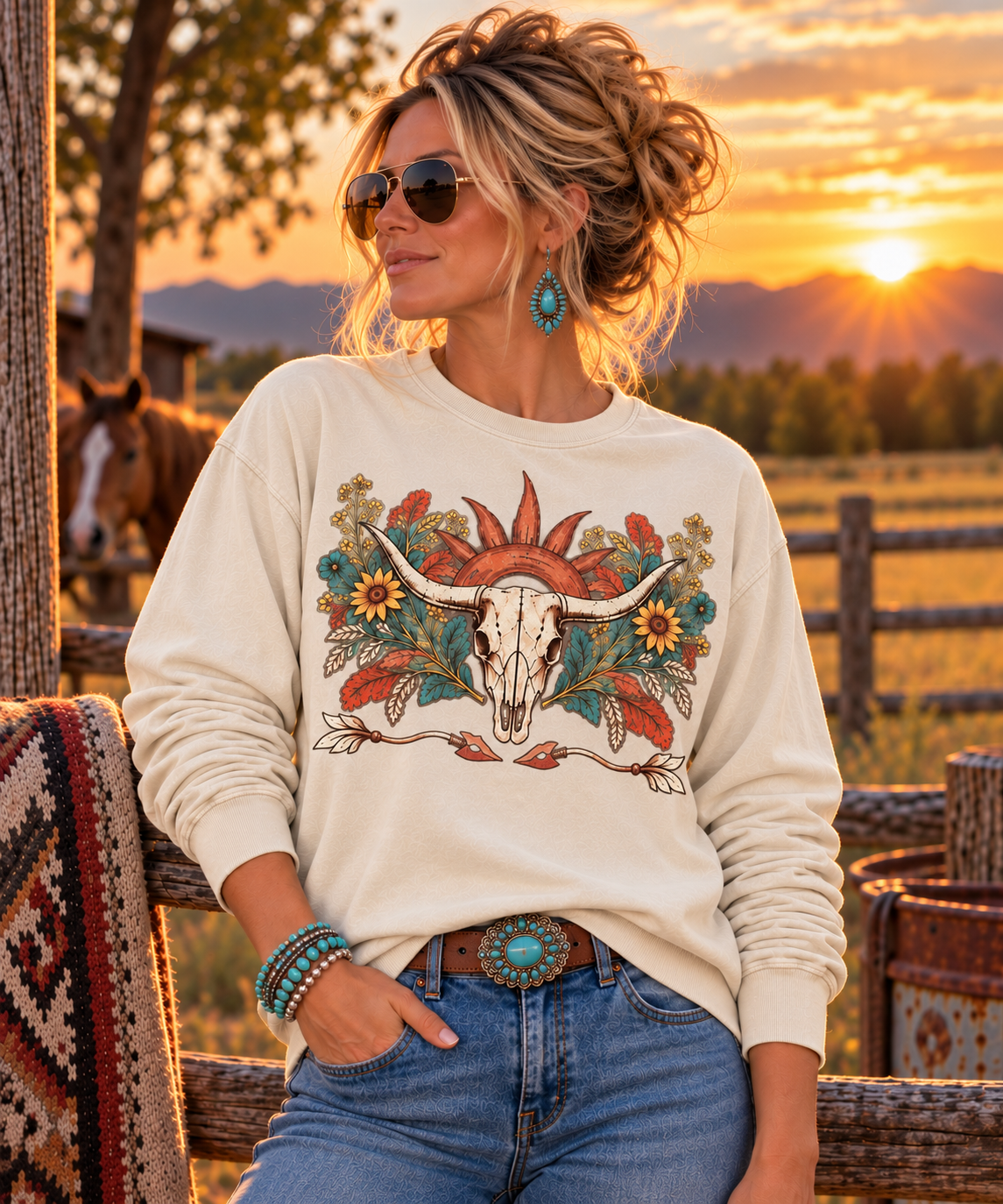 Western Longhorn Skull Long Sleeve Tee – Boho Cowgirl Floral Sun Shirt