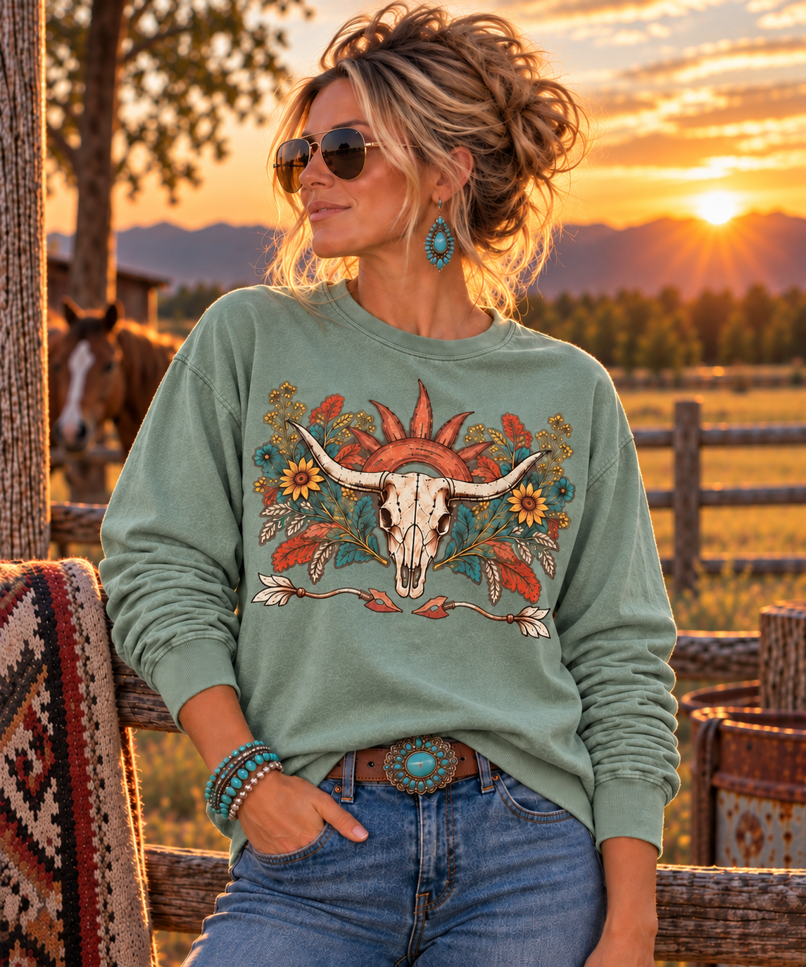 Western Longhorn Skull Long Sleeve Tee – Boho Cowgirl Floral Sun Shirt