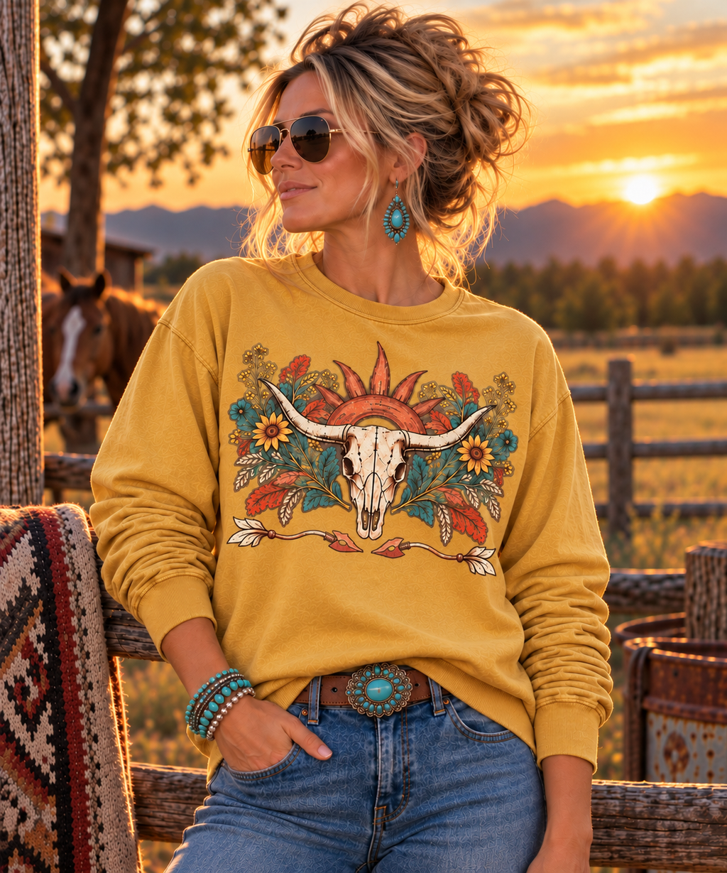 Western Longhorn Skull Long Sleeve Tee – Boho Cowgirl Floral Sun Shirt