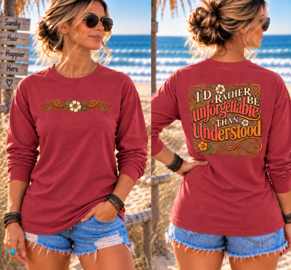 I'd Rather Be Unforgettable Than Understood - Long Sleeve T-Shirt | Floral Retro Typography