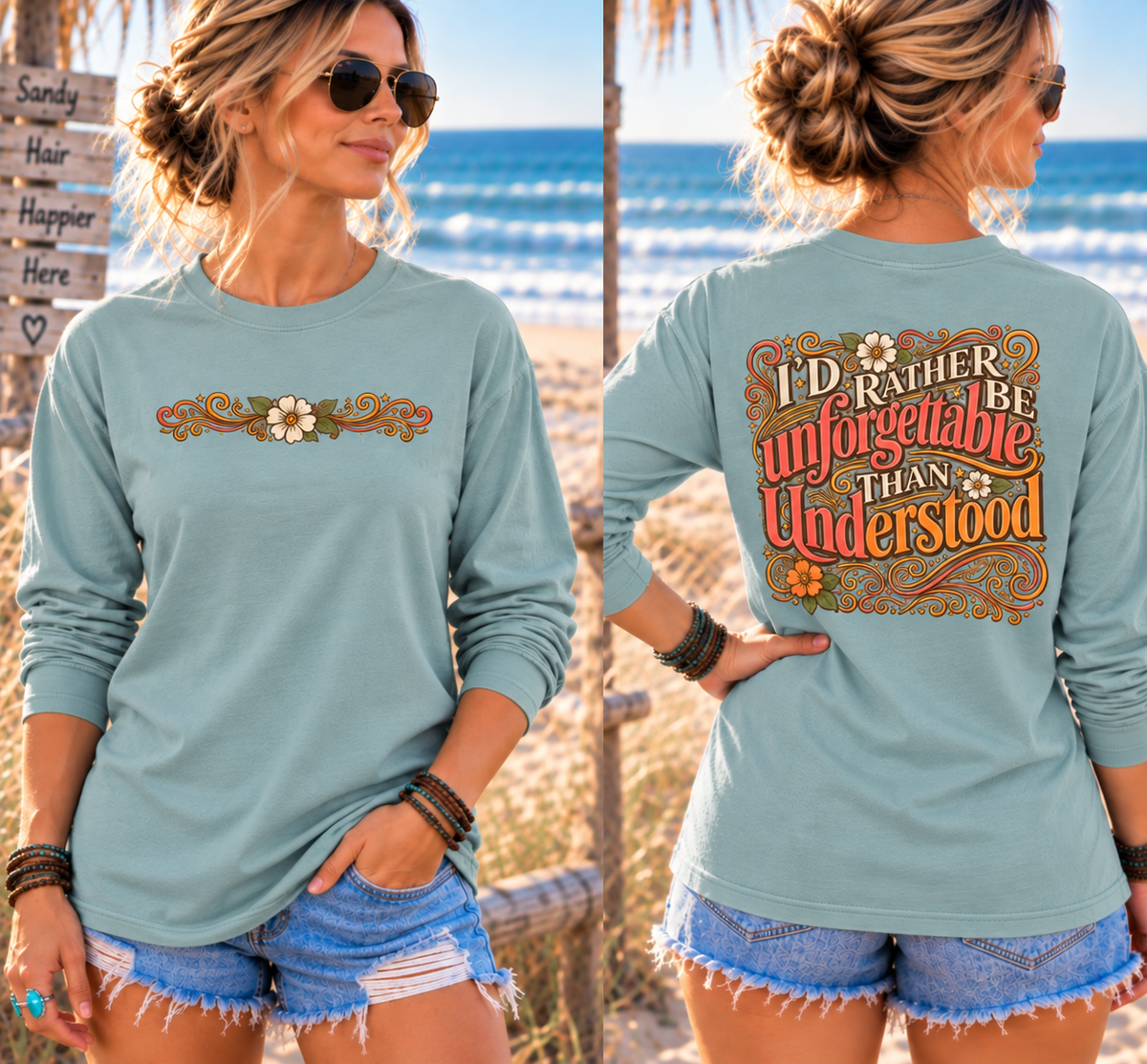 I'd Rather Be Unforgettable Than Understood - Long Sleeve T-Shirt | Floral Retro Typography