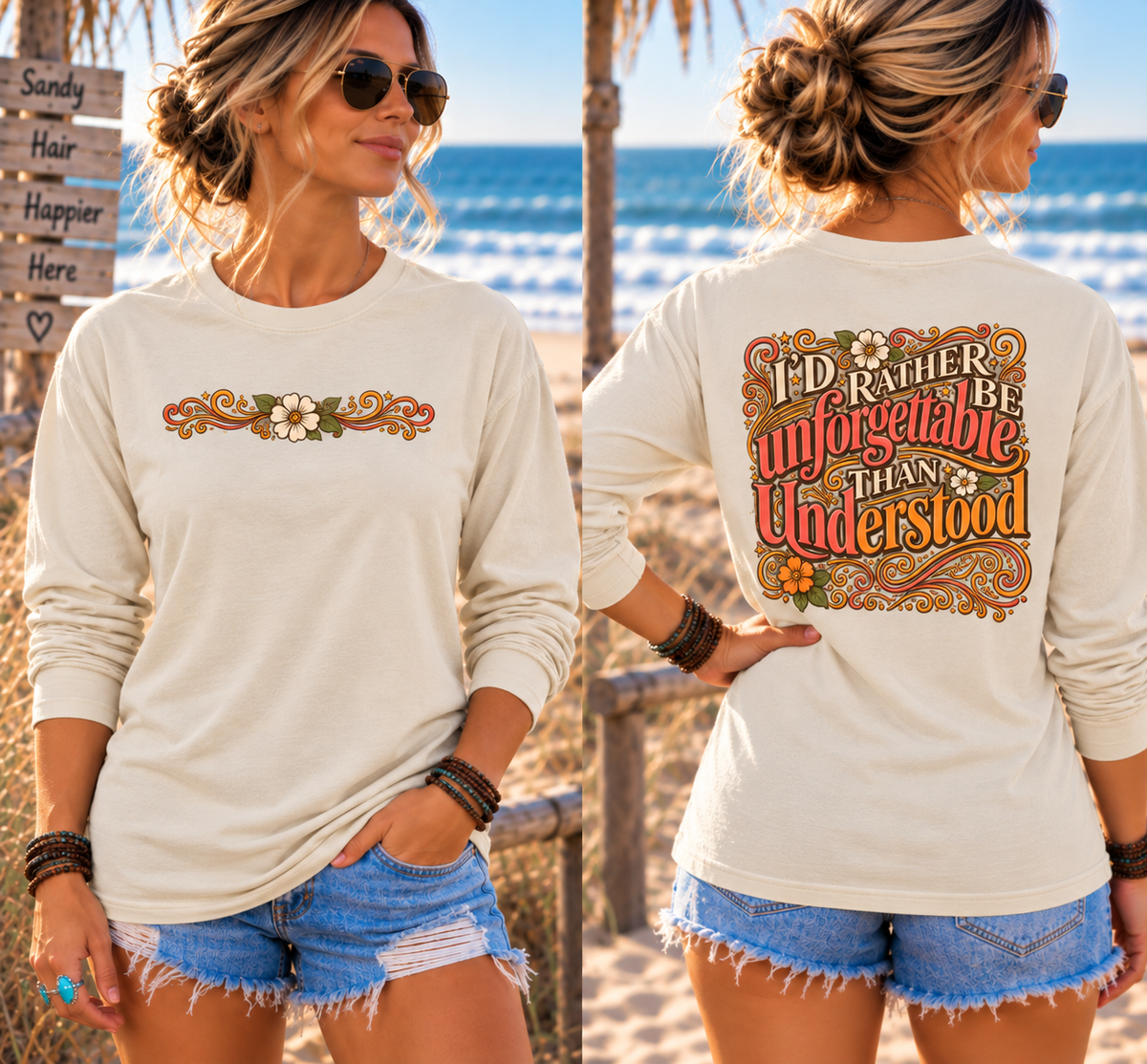 I'd Rather Be Unforgettable Than Understood - Long Sleeve T-Shirt | Floral Retro Typography