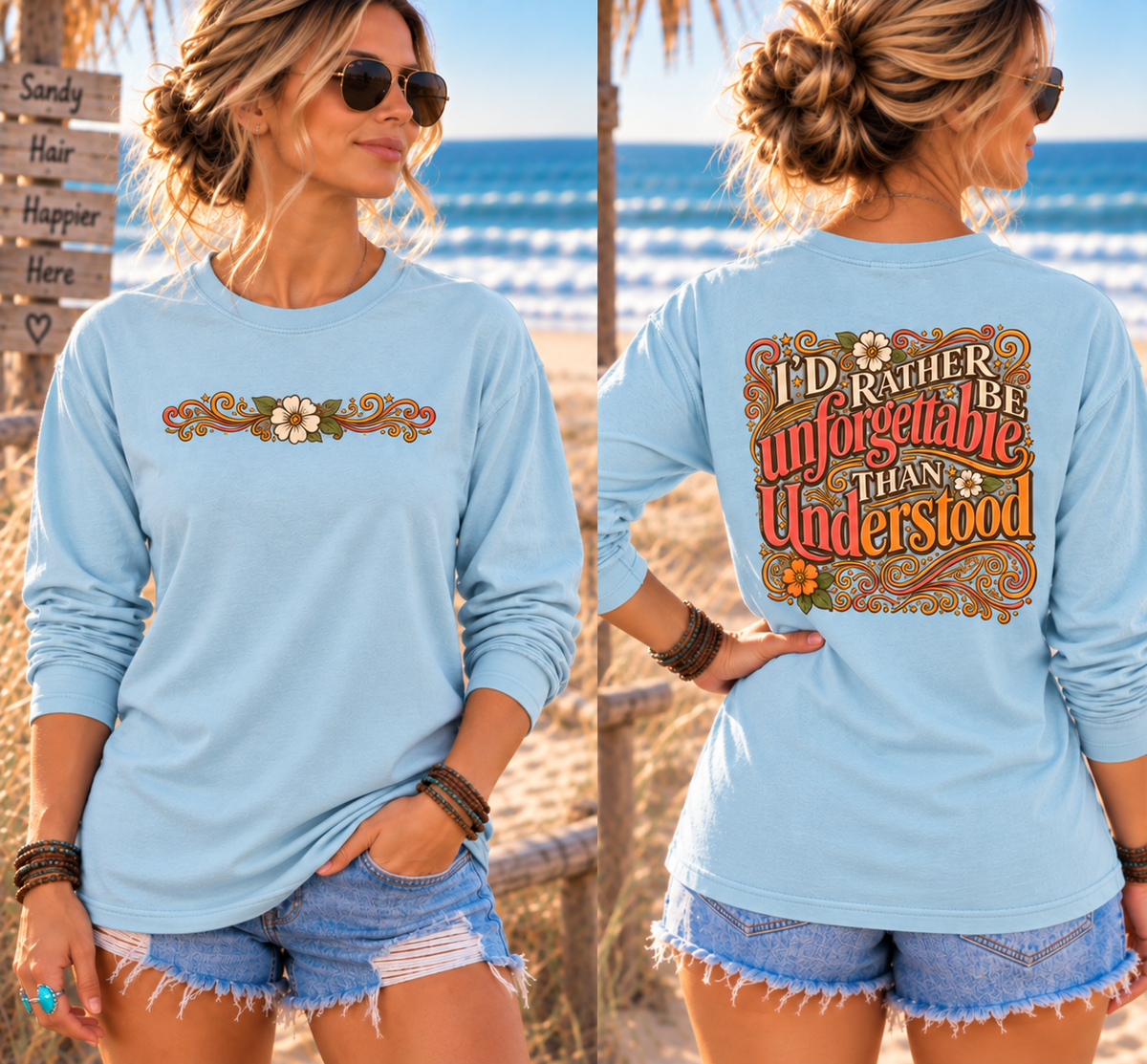 I'd Rather Be Unforgettable Than Understood - Long Sleeve T-Shirt | Floral Retro Typography
