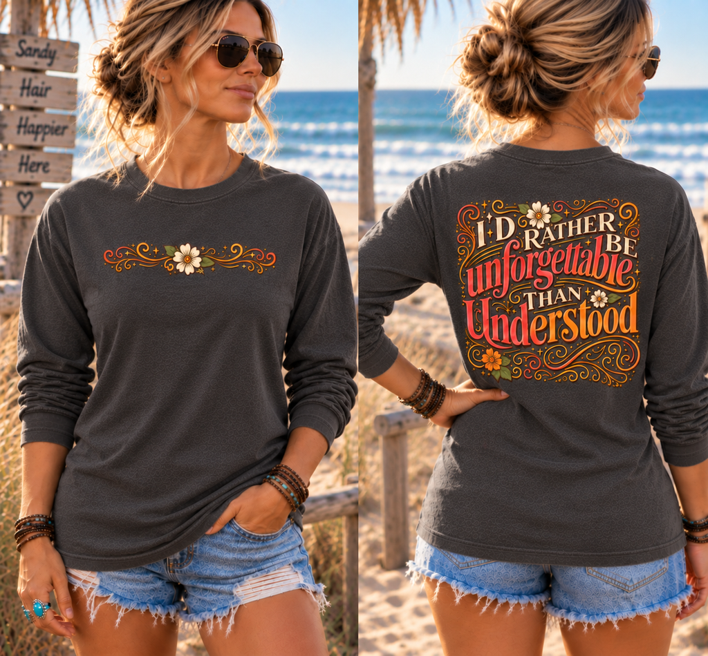 I'd Rather Be Unforgettable Than Understood - Long Sleeve T-Shirt | Floral Retro Typography