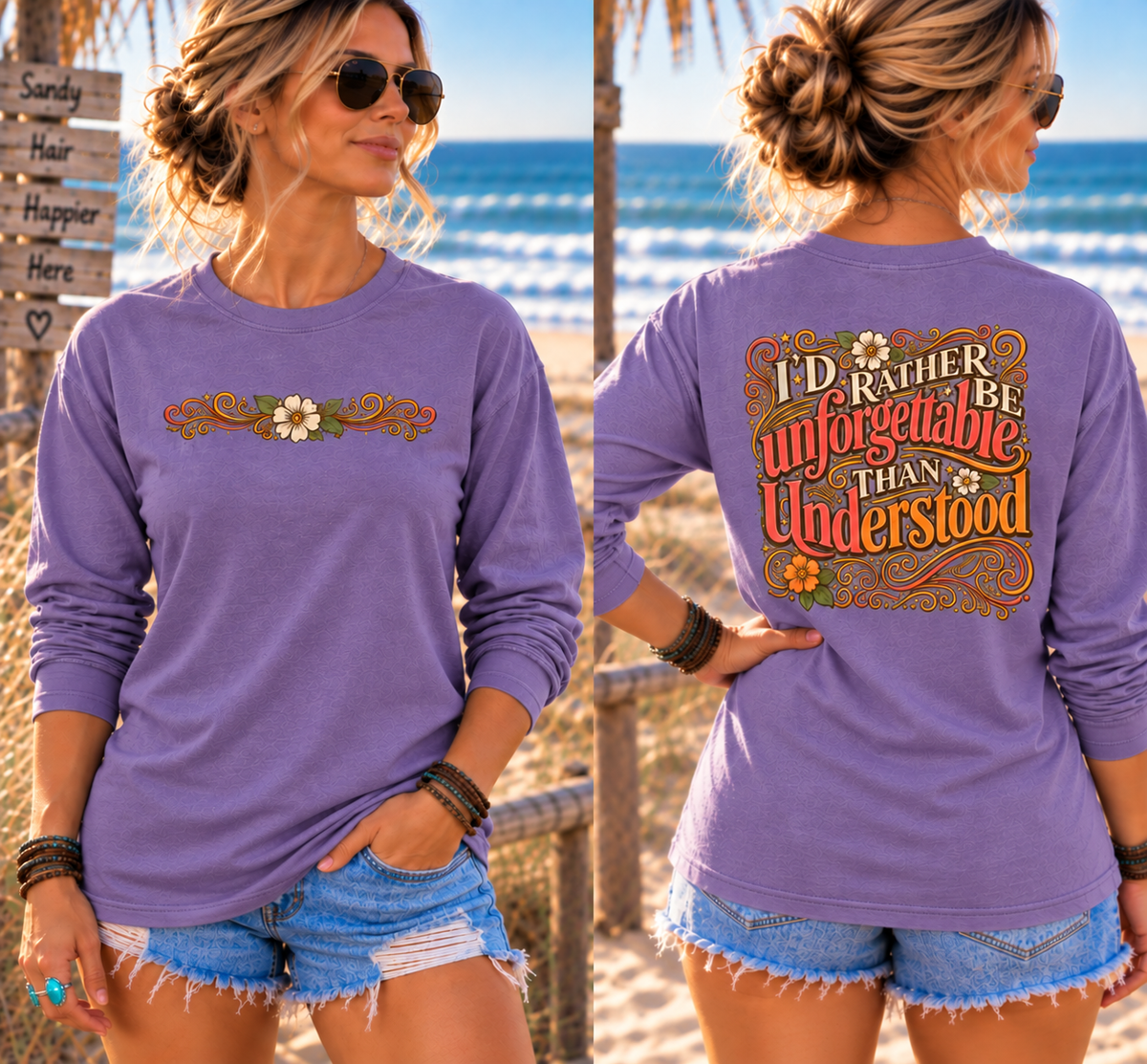 I'd Rather Be Unforgettable Than Understood - Long Sleeve T-Shirt | Floral Retro Typography