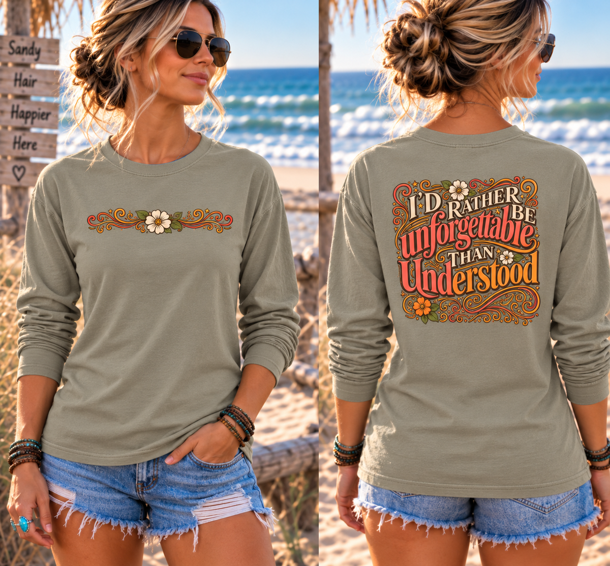 I'd Rather Be Unforgettable Than Understood - Long Sleeve T-Shirt | Floral Retro Typography