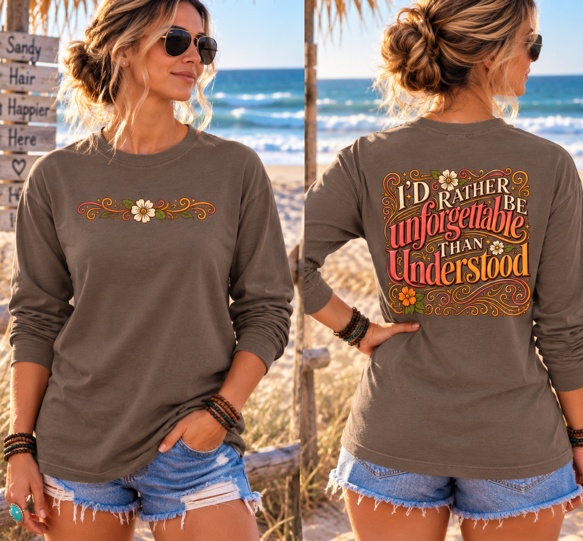 I'd Rather Be Unforgettable Than Understood - Long Sleeve T-Shirt | Floral Retro Typography