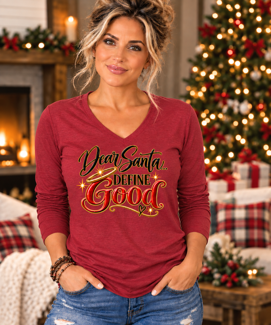 Dear Santa Define Good  -  Long Sleeve V-Neck T-Shirt