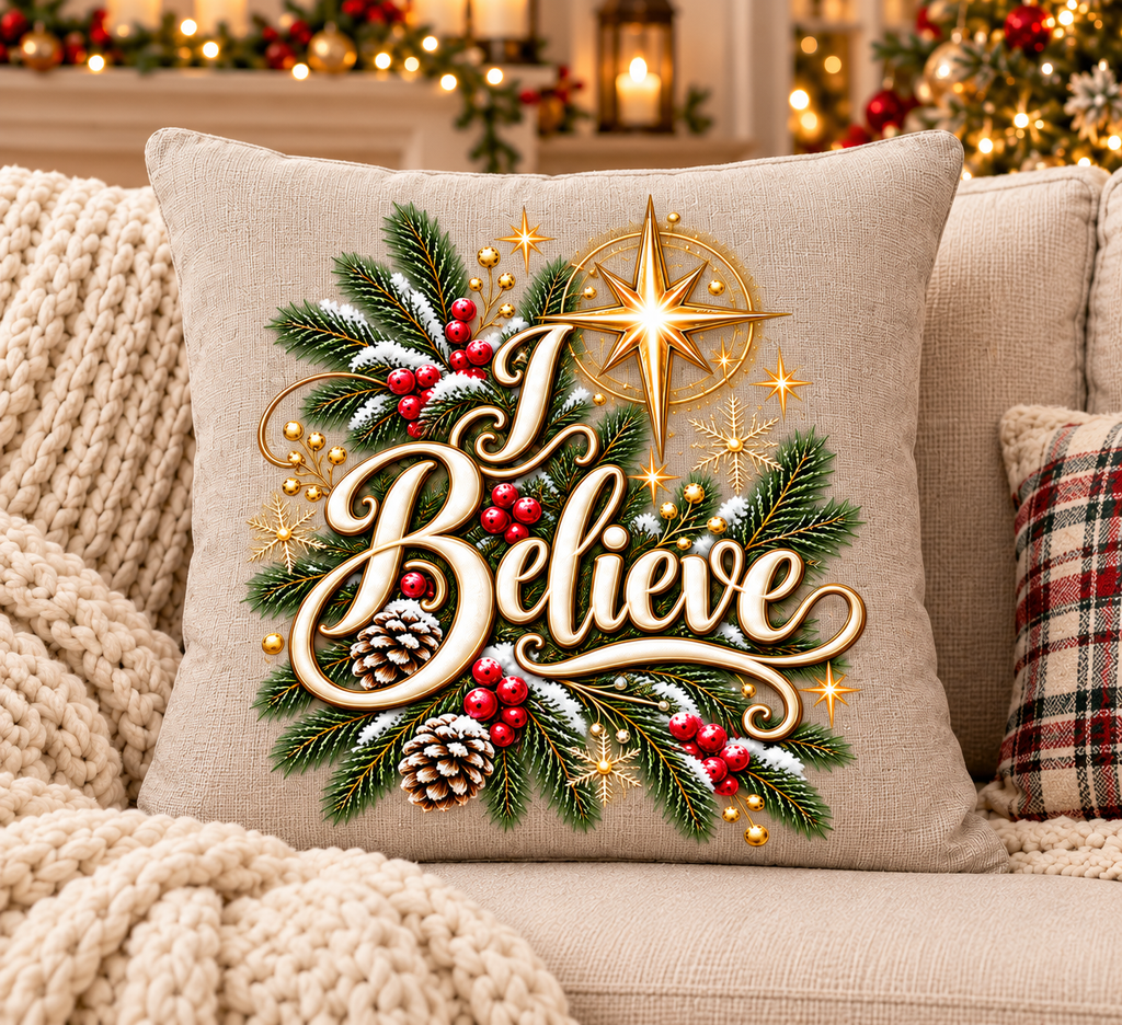 I Believe - Faux Linen Pillow Christmas Holiday Decor
