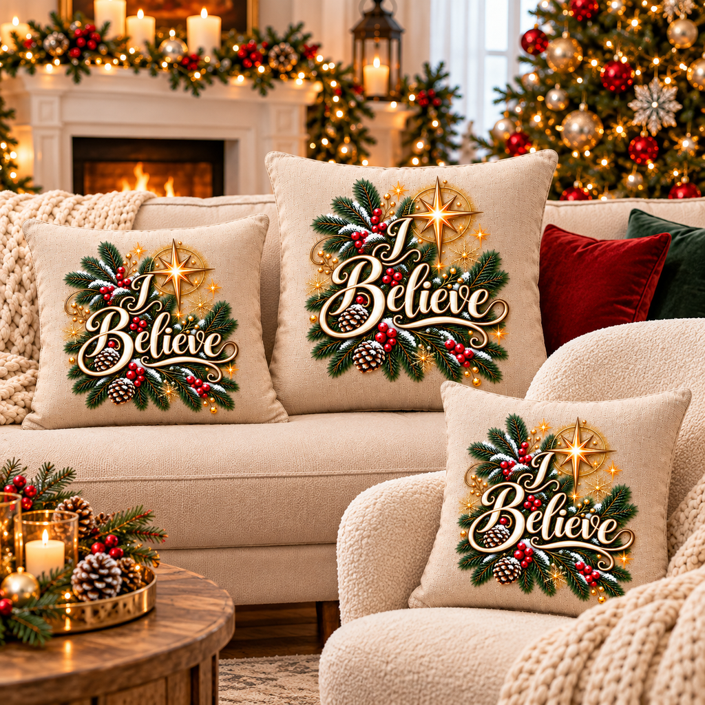 I Believe - Faux Linen Pillow Christmas Holiday Decor