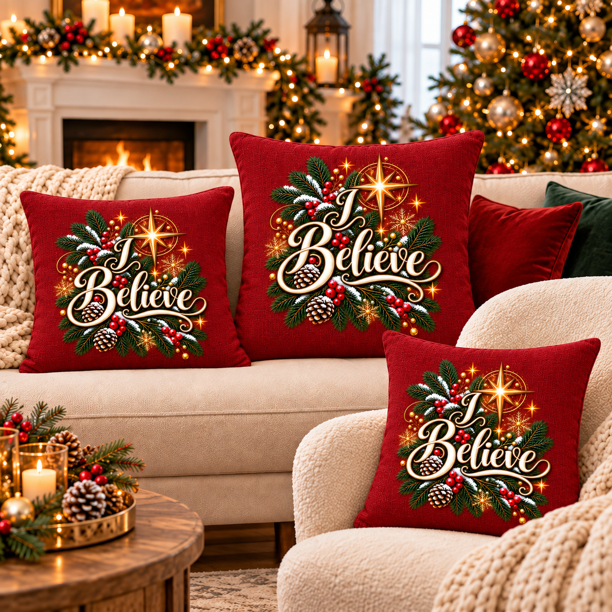 I Believe - Faux Linen Pillow Christmas Holiday Decor