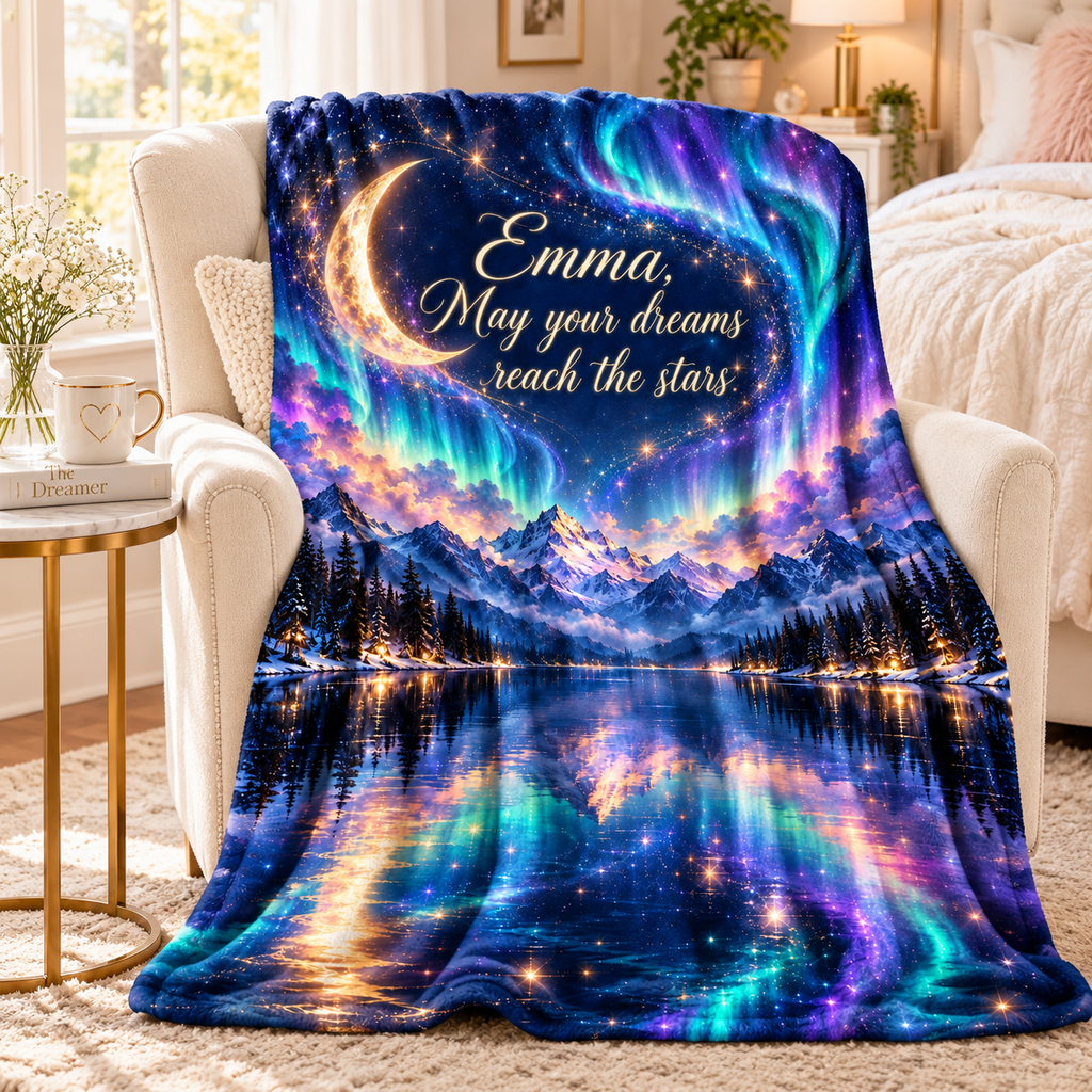 Personalize Your Blanket - May Your Dreams Reach The Stars - Dreamy Moon & Northern Lights fleece sherpa blanket