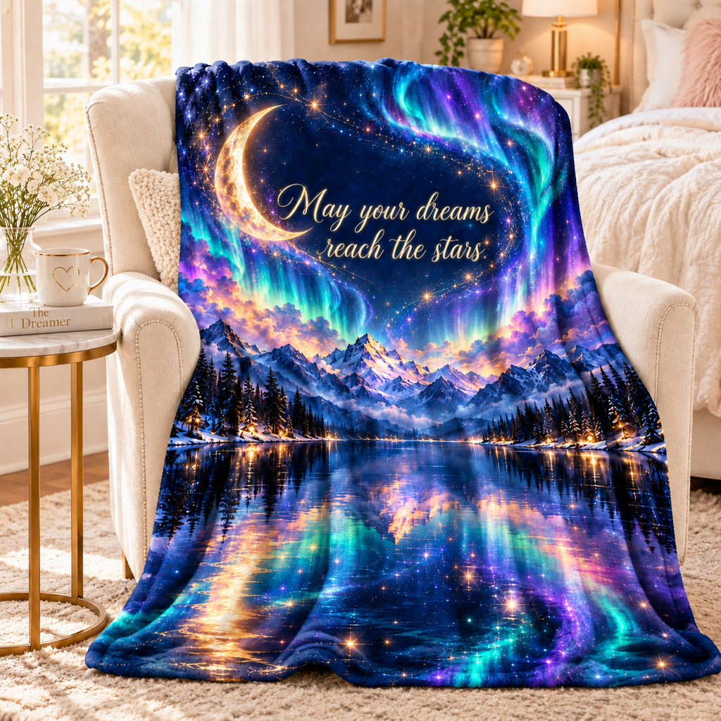Personalize Your Blanket - May Your Dreams Reach The Stars - Dreamy Moon & Northern Lights fleece sherpa blanket