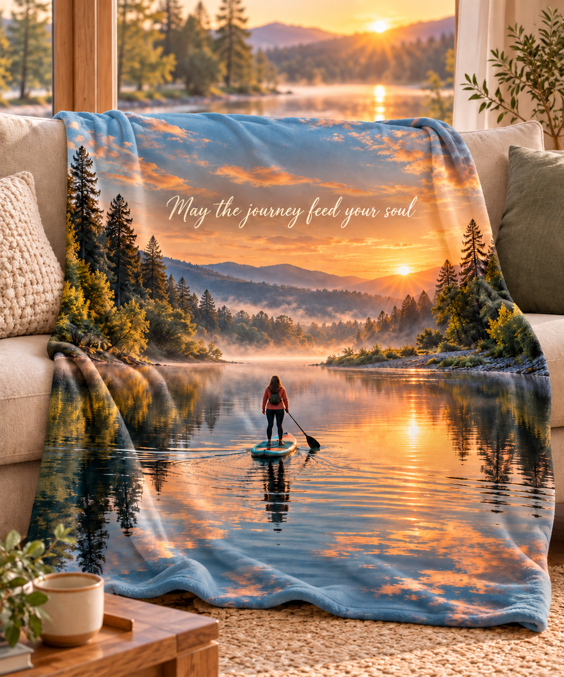Personalize Your Blanket -  May the Journey Feed Your Soul  - Sunrise Paddleboard Scene Blanket