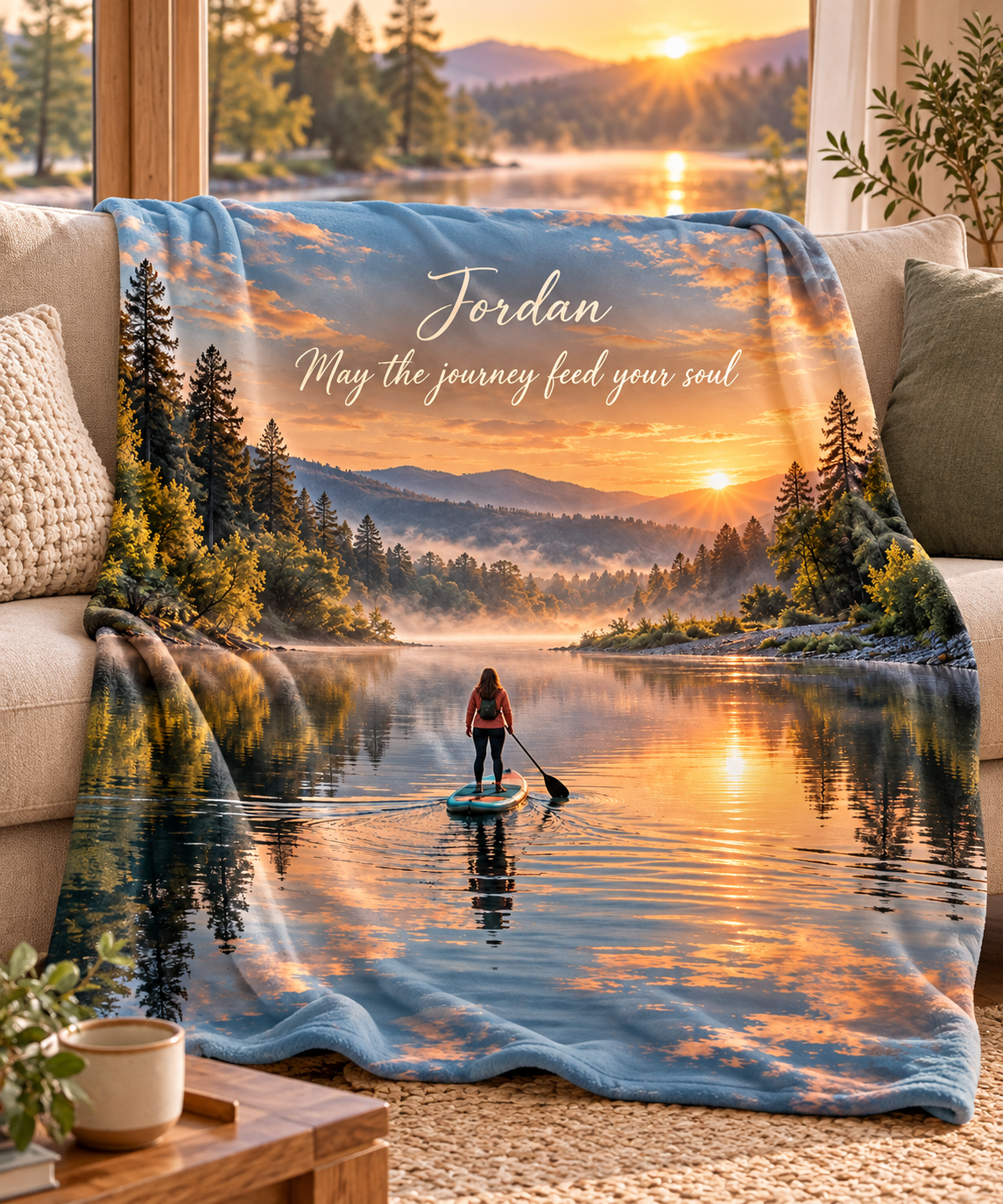 Personalize Your Blanket -  May the Journey Feed Your Soul  - Sunrise Paddleboard Scene Blanket