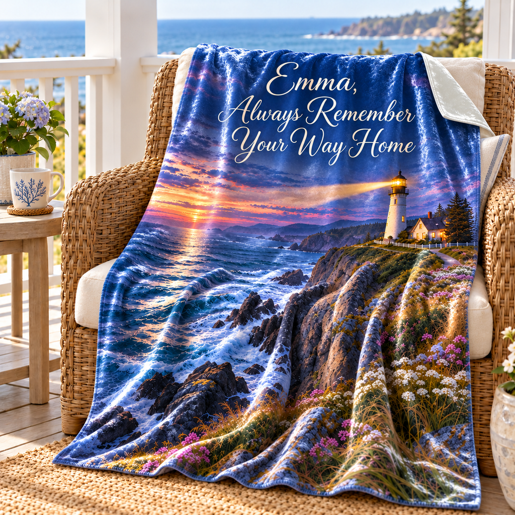 Personalize This Blanket -  Always Remember Your Way Home  - Crushed Velvet Blanket Lighthouse at Dusk