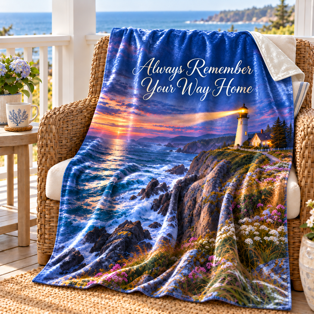 Personalize This Blanket -  Always Remember Your Way Home  - Crushed Velvet Blanket Lighthouse at Dusk