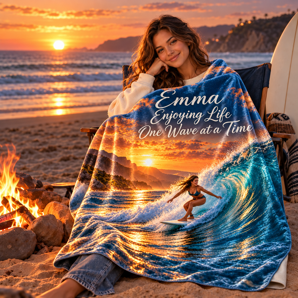 Personalize This Blanket - Enjoying Life One Wave at a Time -  Crushed Velvet Blanket  Surfing Sunset