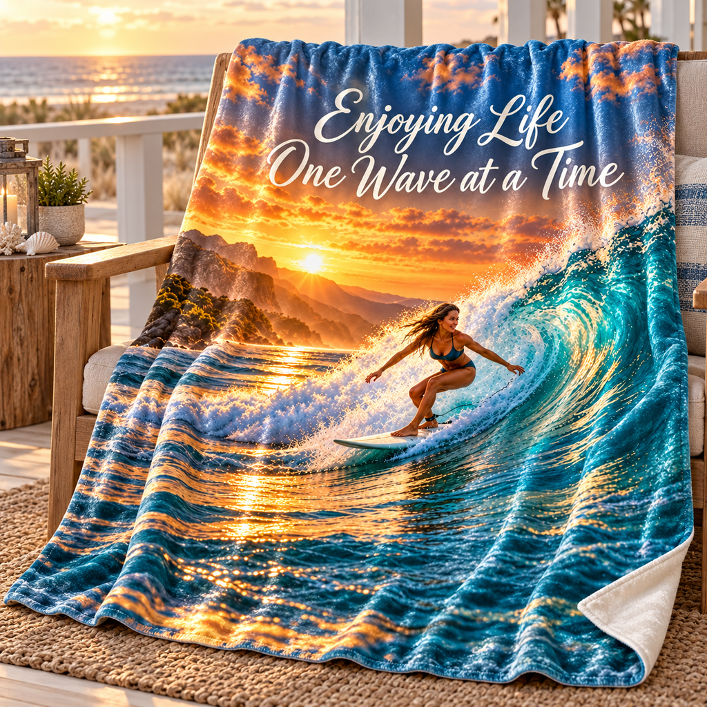 Personalize This Blanket - Enjoying Life One Wave at a Time -  Crushed Velvet Blanket  Surfing Sunset