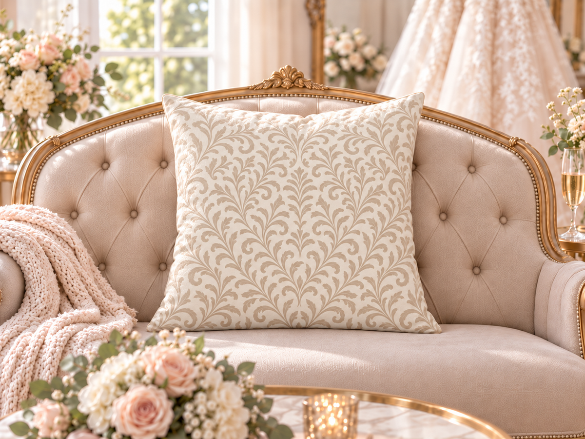 Beige Damask Faux Suede Square Pillowcase