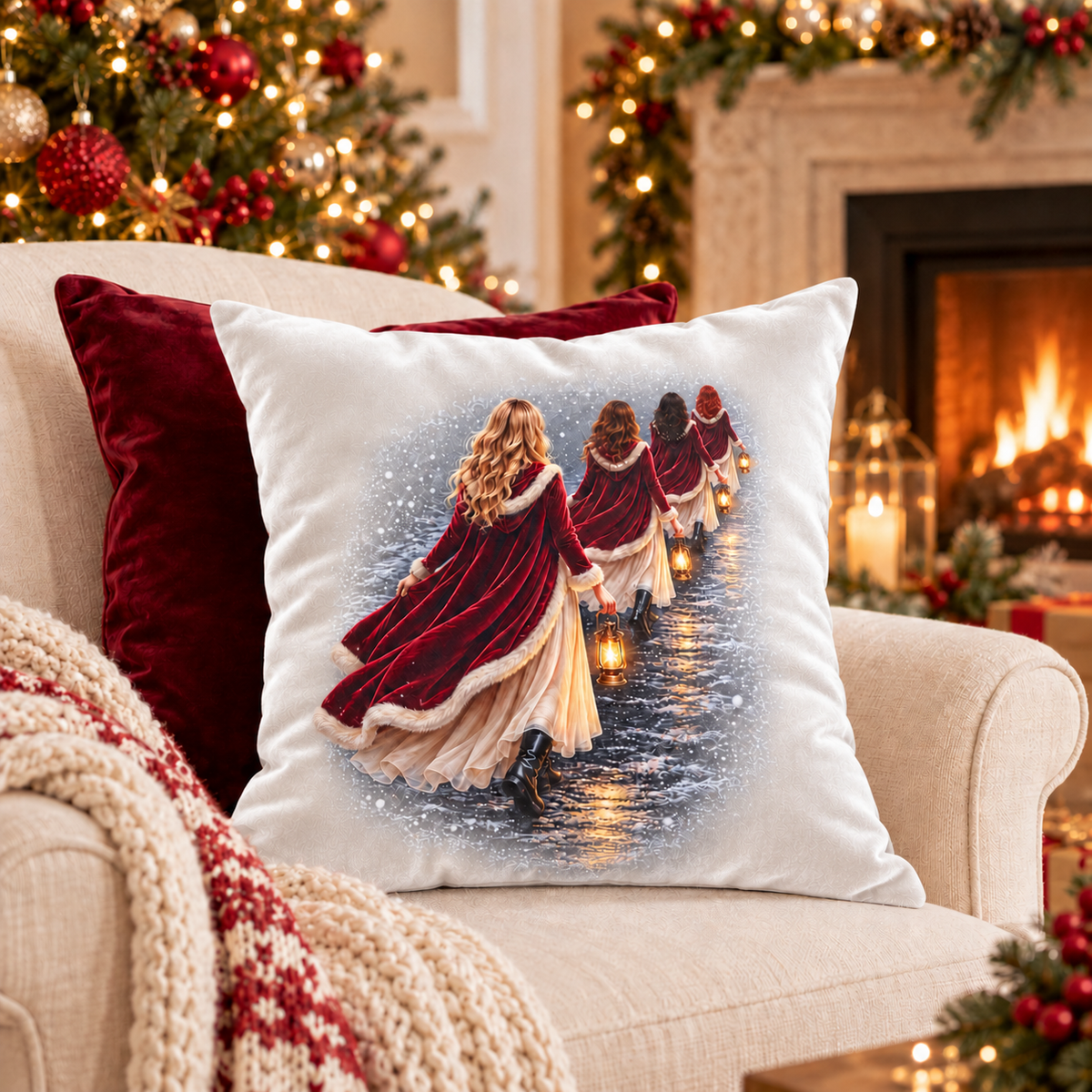 Women in Red Cloaks - velvet throw pillow