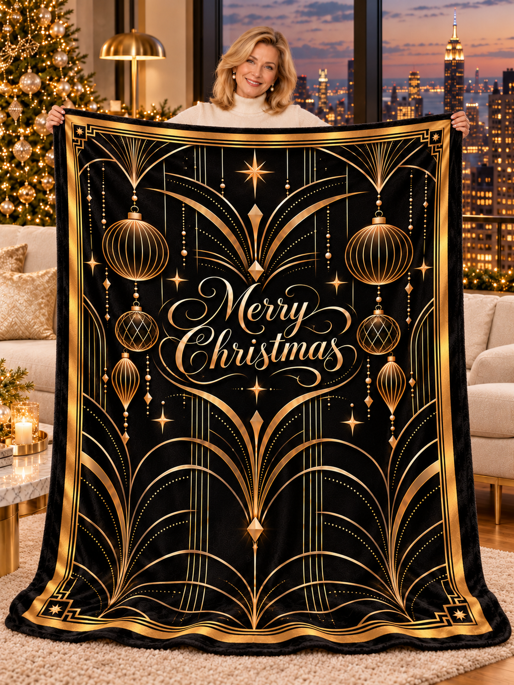 Merry Christmas  - Art Deco Sherpa Fleece Throw Blanket