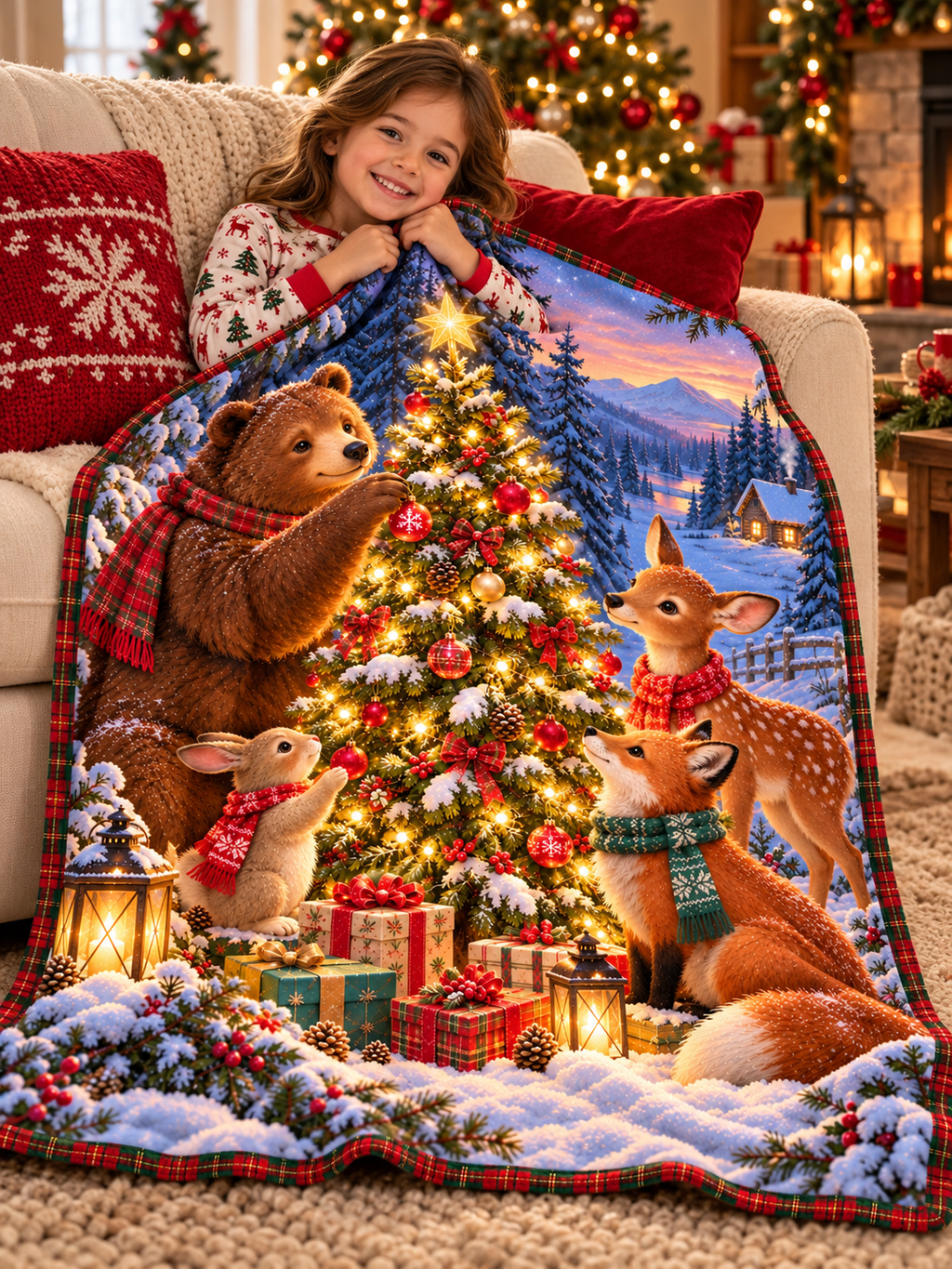 Christmas Woodland Animals Friends -  Sherpa Fleece Throw Blanket