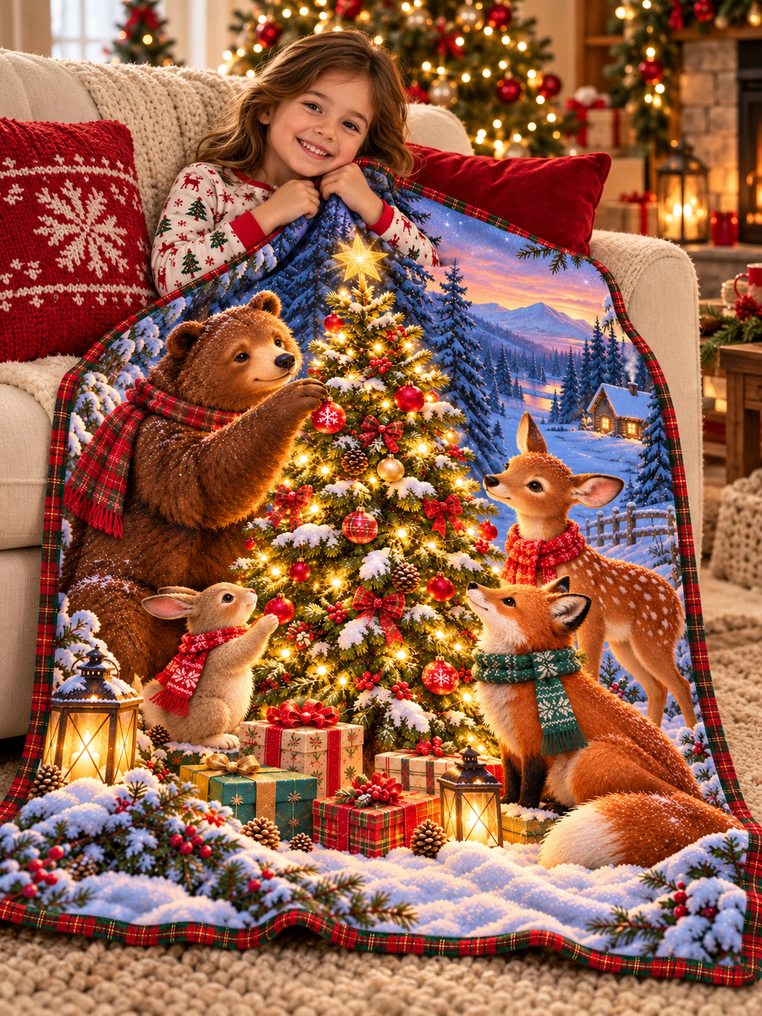 Christmas Woodland Animals Friends -  Sherpa Fleece Throw Blanket